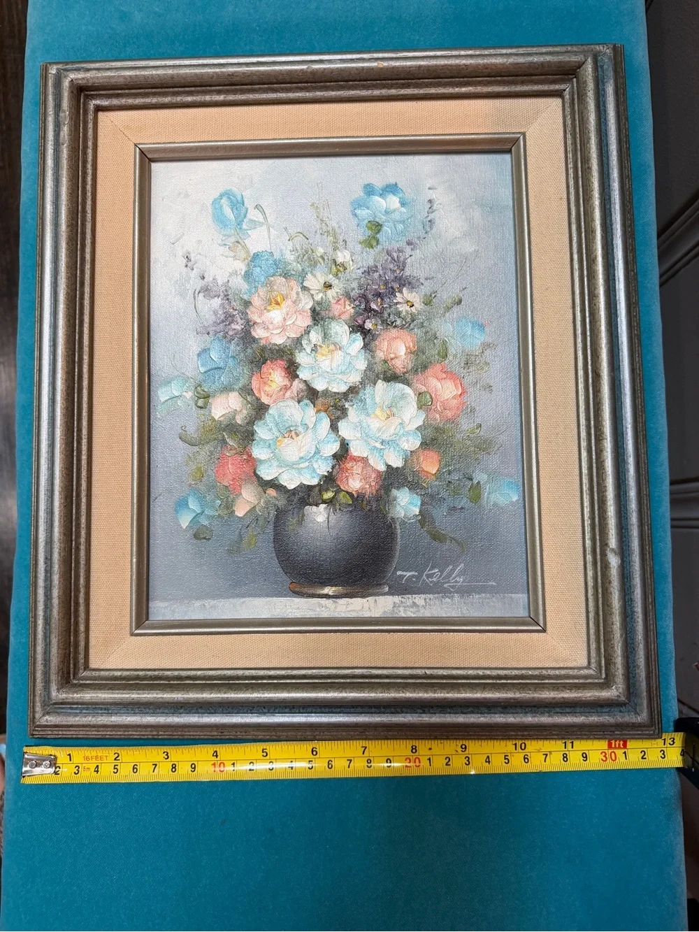 Vintage T Kelly Original Oil Painting Bouquet Wall Art - Blue Orange and Cream